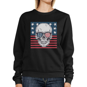 Skull American Flag Unisex Black Sweatshirt Round Neck Pullover - 365INLOVE