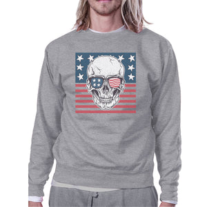 Skull American Flag Unisex Grey Sweatshirt Round Neck Pullover - 365INLOVE