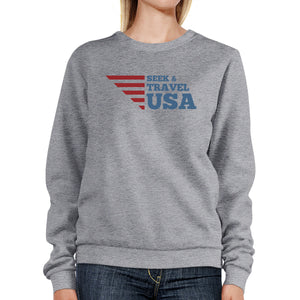 Seek & Travel USA Unisex Graphic Sweatshirt Gray Round Neck Fleece - 365INLOVE