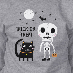 Trick-Or-Treat Skeleton Black Cat Grey SweatShirt