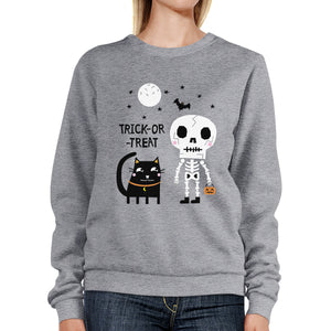 Trick-Or-Treat Skeleton Black Cat Grey SweatShirt