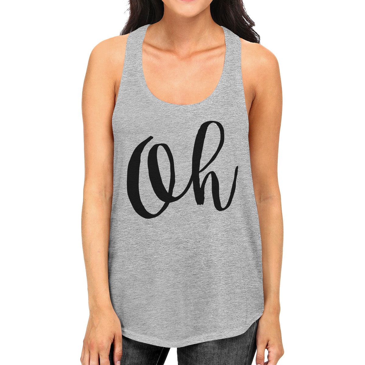 Oh Womens Gray Sleeveless Tank Top Calligraphy Gym Workout Top - 365INLOVE