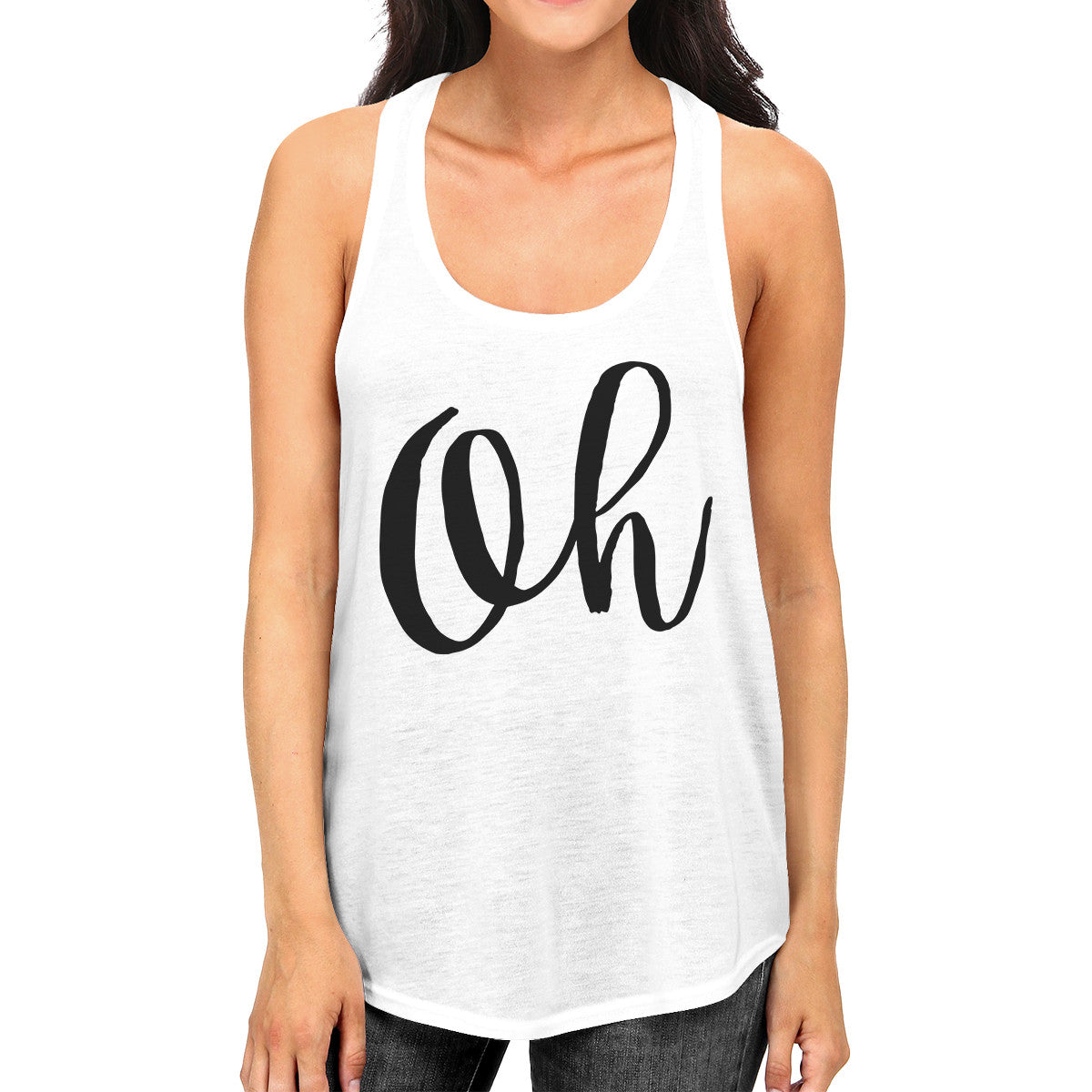 Oh Womens White Sleeveless Tanks Cute Calligraphy Gym Workout Top - 365INLOVE