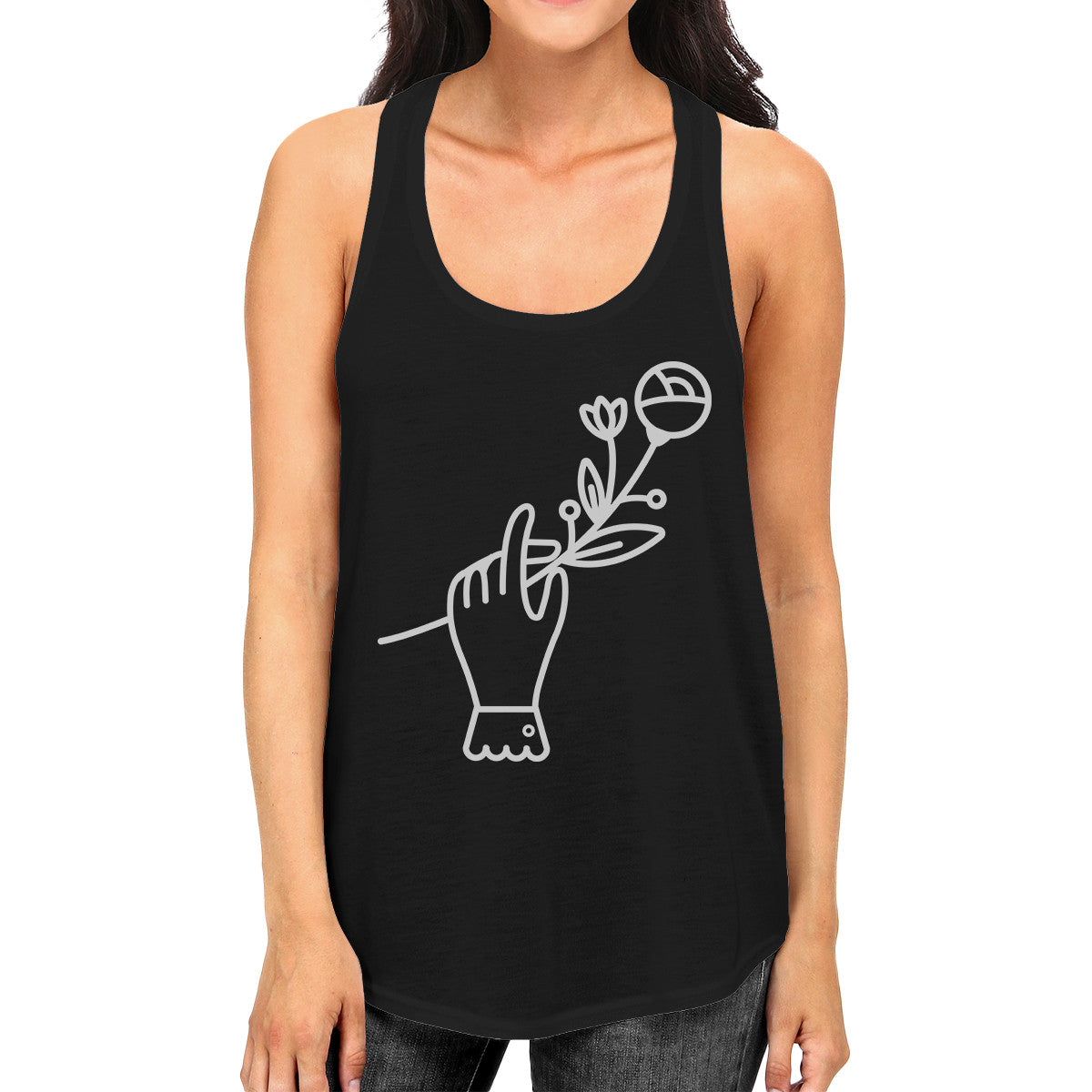 Hand Holding Flower Women's Black Cotton Graphic Tank Top Gift Idea - 365INLOVE