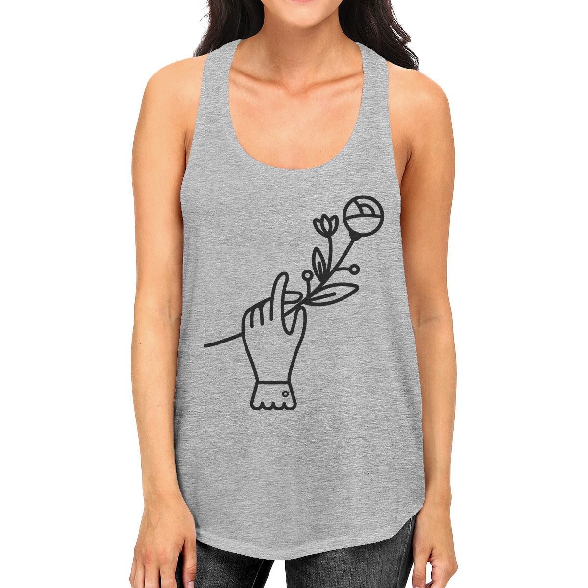 Hand Holding Flower Grey Cotton Racerback Tanks Unique Graphic Top - 365INLOVE