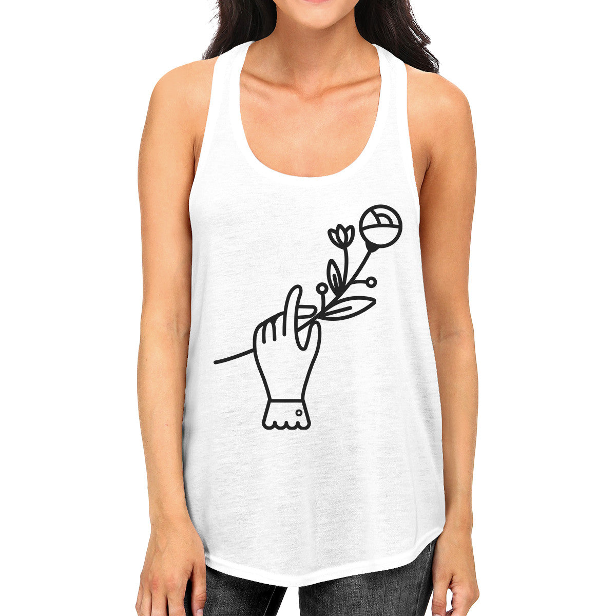 Hand Holding Flower White Racerback Unique Design Tank Top For Her - 365INLOVE