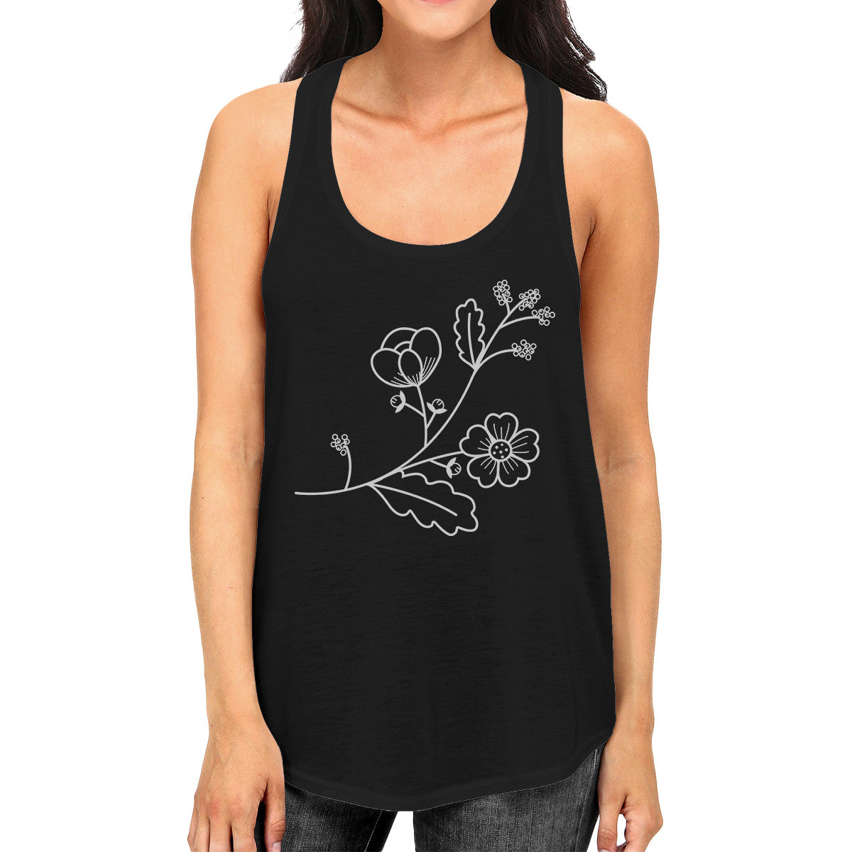 Flower Black Cotton Racerback Cute Graphic Design Tanks For Women - 365INLOVE