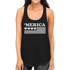 'Merica Women Black Cotton Tank Top Unique American Flag With Heart - 365INLOVE