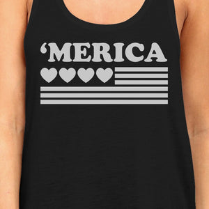 'Merica Women Black Cotton Tank Top Unique American Flag With Heart - 365INLOVE