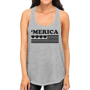 'Merica Womens Black Heart American Flag Design Grey Racerback Tank - 365INLOVE