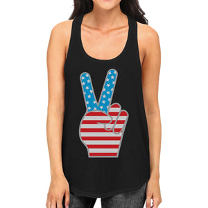 American Flag Cute Peace Sign 4th Of July Women Black Tank Top - 365INLOVE