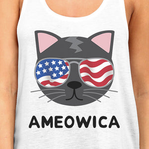 Ameowica Womens White 4th Of July Sleeveless Shirt For Cat Lovers - 365INLOVE