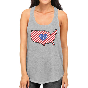 USA Map Cute Heart America Flag Womens Grey Racerback Tank Top - 365INLOVE