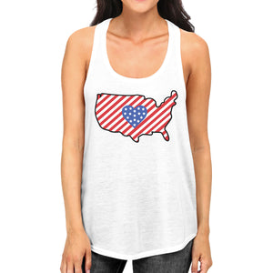 USA Map Cute American Flag With Heart Womens White Sleeveless Tee - 365INLOVE