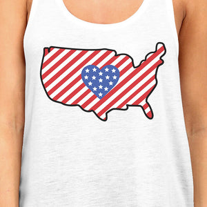 USA Map Cute American Flag With Heart Womens White Sleeveless Tee - 365INLOVE