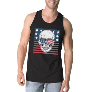 Skull American Flag Mens Black Tank Top Crewneck Line Cotton Tee - 365INLOVE