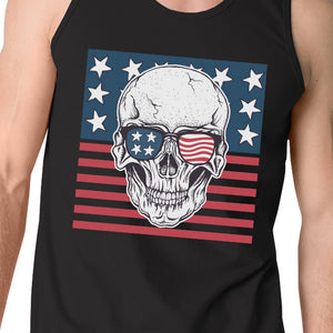 Skull American Flag Mens Black Tank Top Crewneck Line Cotton Tee - 365INLOVE