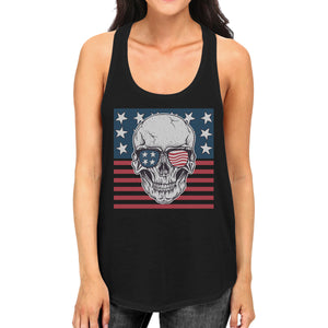 Skull American Flag Womens Black Tank Top Crewneck Line Cotton Tee - 365INLOVE