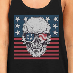 Skull American Flag Womens Black Tank Top Crewneck Line Cotton Tee - 365INLOVE