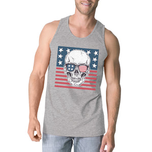 Skull American Flag Mens Grey Tank Top Crewneck Line Cotton Tee - 365INLOVE