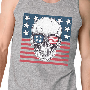 Skull American Flag Mens Grey Tank Top Crewneck Line Cotton Tee - 365INLOVE