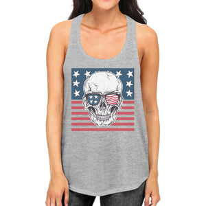 Skull American Flag Womens Grey Tank Top Crewneck Line Cotton Tee - 365INLOVE