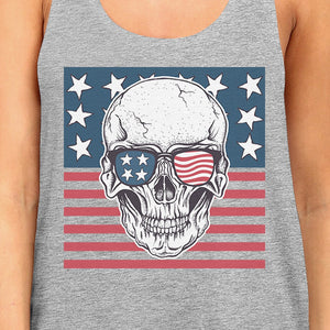 Skull American Flag Womens Grey Tank Top Crewneck Line Cotton Tee - 365INLOVE