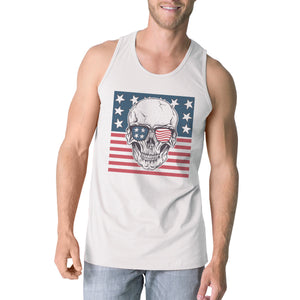 Skull American Flag Mens White Tank Top Crewneck Line Cotton Tee - 365INLOVE