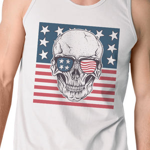 Skull American Flag Mens White Tank Top Crewneck Line Cotton Tee - 365INLOVE