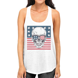 Skull American Flag Womens White Tank Top Crewneck Line Cotton Tee - 365INLOVE