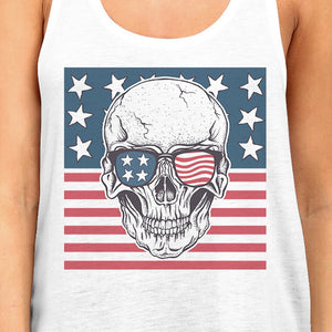 Skull American Flag Womens White Tank Top Crewneck Line Cotton Tee - 365INLOVE