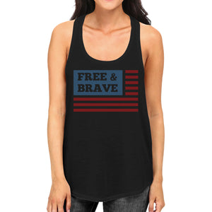 Free & Brave Us Flag Womens Black Funny Graphic Tanks Crewneck Line - 365INLOVE