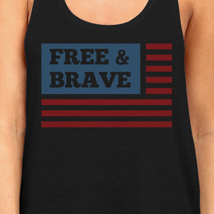 Free & Brave Us Flag Womens Black Funny Graphic Tanks Crewneck Line - 365INLOVE