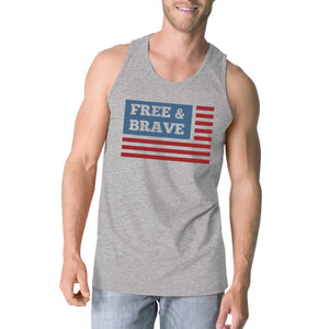 Free & Brave Us Flag Mens Grey Funny Graphic Tanks Crewneck Line - 365INLOVE