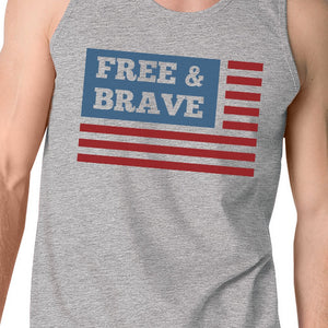 Free & Brave Us Flag Mens Grey Funny Graphic Tanks Crewneck Line - 365INLOVE