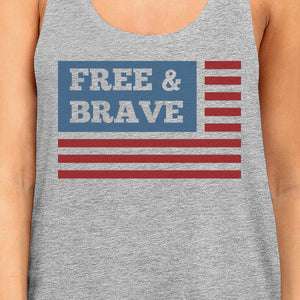 Free & Brave Us Flag Womens Grey Funny Graphic Tanks Crewneck Line - 365INLOVE