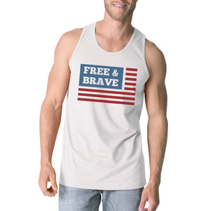 Free & Brave Us Flag Mens White Funny Graphic Tanks Crewneck Line - 365INLOVE