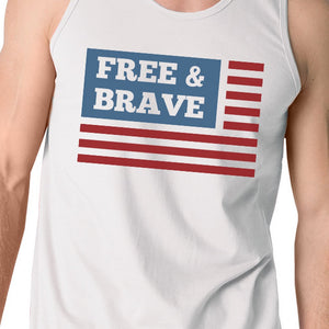 Free & Brave Us Flag Mens White Funny Graphic Tanks Crewneck Line - 365INLOVE