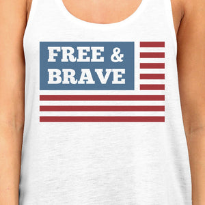 Free & Brave Us Flag Womens White Funny Graphic Tanks Crewneck Line - 365INLOVE