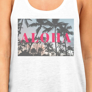 Aloha Summer Beach Sunset Womens White Cotton Racerback Tank Top