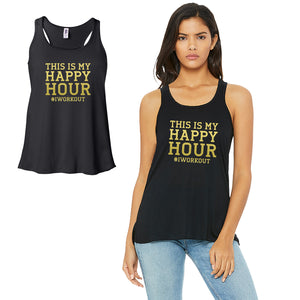 Happy Hour I Work Out-GOLD Work Out Womens Black Tank Top