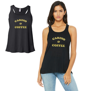 Cardio And Coffee-GOLD Work Out Womens Black Tank Top
